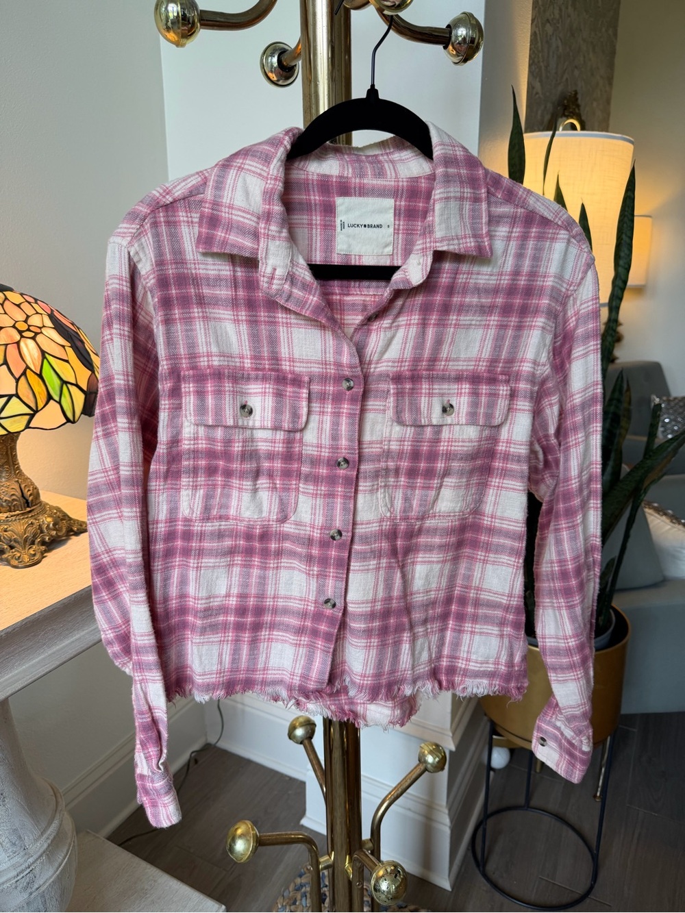 Lucky Brand Cotton Plaid Button-Front Shirt with Frayed Hem